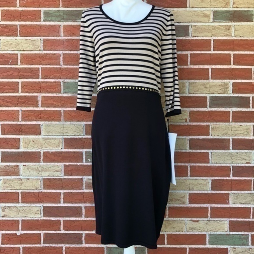 Calvin Klein NWT Studded Black Cream Striped 3/4 Sleeve Dress 👗